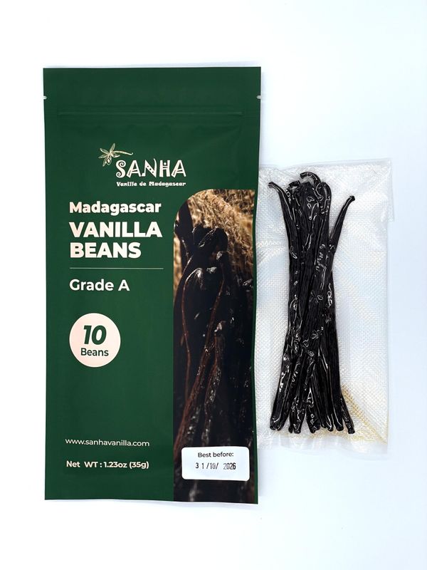SANHA Madagascar Vanilla Beans 10 Count, Grade A, Hand-Selected - Organic Vanilla Bean For Extract, Baking &amp; Cooking - 6-7 Inches, Vacuum-Sealed Premium Freshness