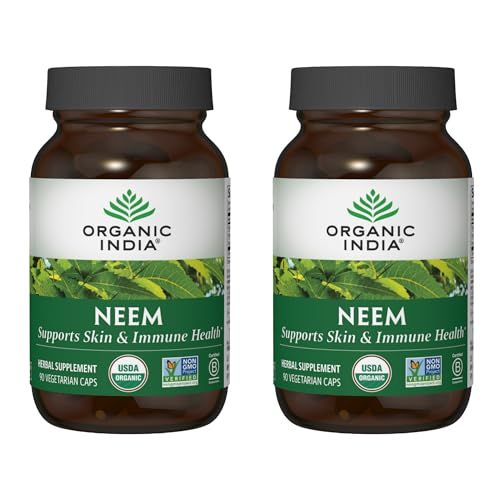 ORGANIC INDIA Neem Leaf Capsules, Herbal Supplement - Supports Skin, Immune, &amp; Liver Health, Detox, Vegan, Gluten-Free, USDA Certified Organic - 90 Capsules 2-Pack