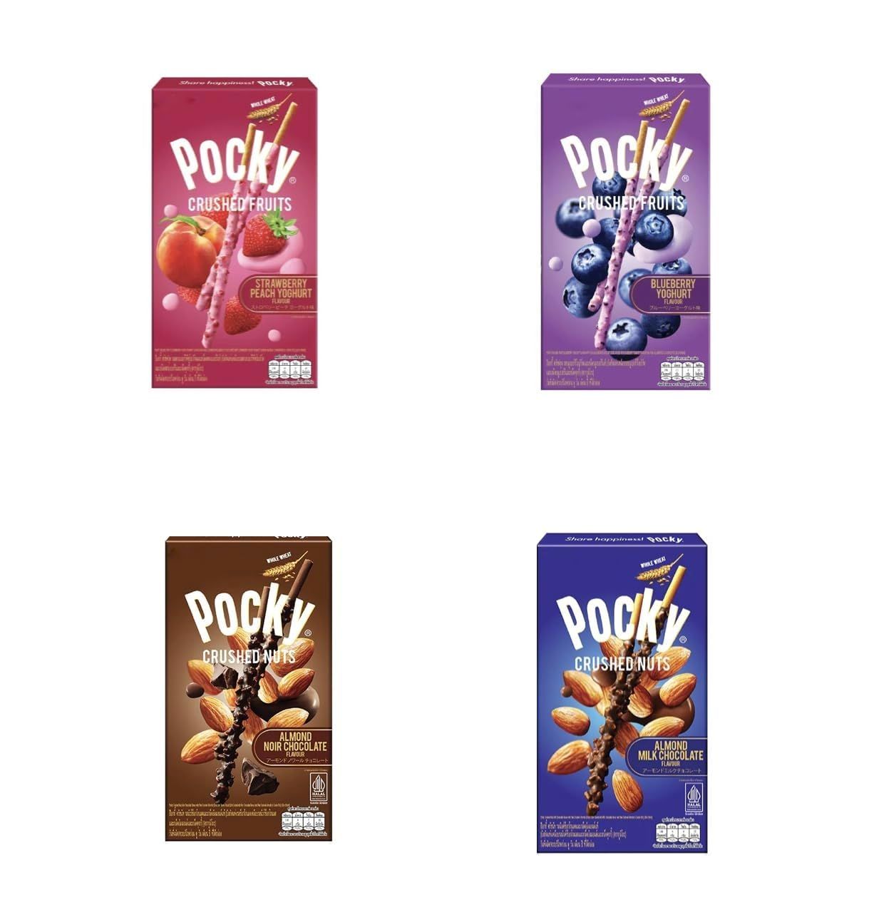 Biscuit Stick Crushed series, Almond Noir Chocolate, Almond Milk Chocolate, Blueberry, Strawberry &amp; Peach, Pack of 4 Products of Thailand