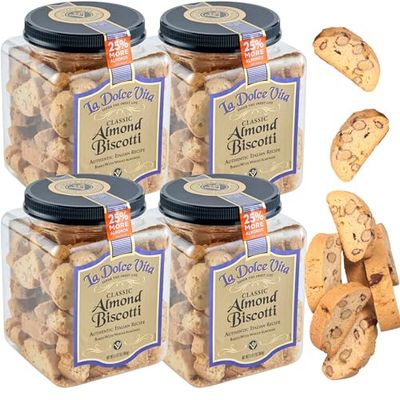 Nonni&#39;s La Dolce Vita Almond Biscotti - 4 Tubs - 34oz of Biscotti Italian Cookies - Italian Biscotti Cookies - Biscotti Jar - Biscotti Packed wCalifornia Whole Almonds - Perfect wCoffee - Kosher