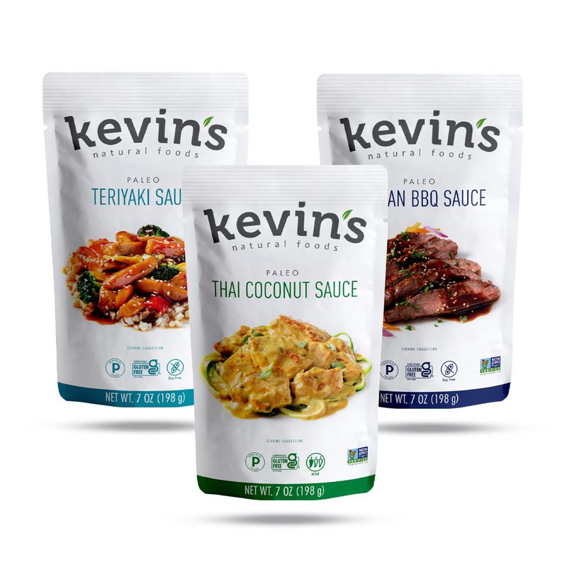 Kevin&#39;s Natural Foods Paleo Simmer Sauce Variety Pack - Stir-Fry Sauce, Gluten Free, No Preservatives, Non-GMO - 3 Pack TeriyakiThai CoconutKorean BBQ