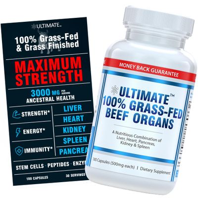 Ultimate 100 Grass Fed Beef Organs Supplement Supports Energy &amp; Whole Body Wellness with a Complex of Desiccated Beef Liver, Heart, Kidney, Pancreas &amp; Spleen. Pesticide Free &amp; Non-GMO, 180 Capsules