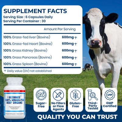 Ultimate 100 Grass Fed Beef Organs Supplement Supports Energy &amp; Whole Body Wellness with a Complex of Desiccated Beef Liver, Heart, Kidney, Pancreas &amp; Spleen. Pesticide Free &amp; Non-GMO, 180 Capsules
