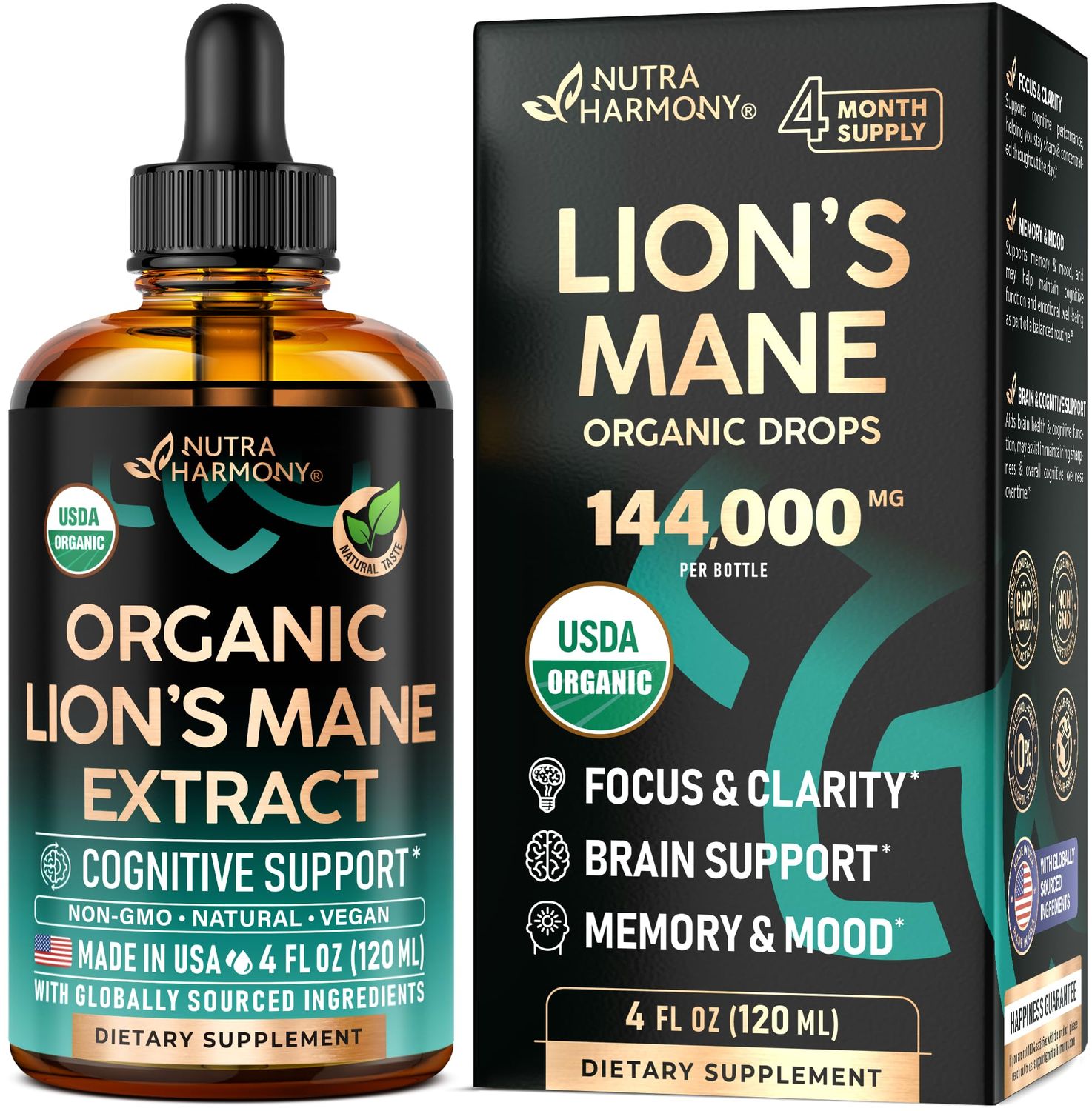 Lions Mane Liquid - USDA Certified Organic Lions Mane Supplement - Brain Support, Energy, Memory &amp; Focus - Sugar &amp; Alcohol-Free Lions Mane Mushroom Extract 72,000 mg Bottle - 4 Fl OZ, 4 Month Supply