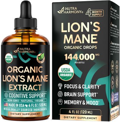 Lions Mane Liquid - USDA Certified Organic Lions Mane Supplement - Brain Support, Energy, Memory &amp; Focus - Sugar &amp; Alcohol-Free Lions Mane Mushroom Extract 72,000 mg Bottle - 4 Fl OZ, 4 Month Supply