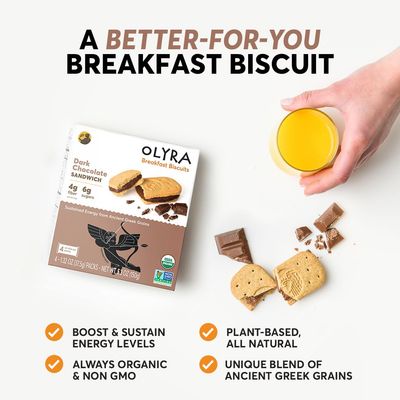 Olyra Dark Chocolate Sandwich Breakfast Biscuits, Healthy Snacks for Adults and Kids, Low Sugar, High Fiber, Organic Vegan Cookies, with Ancient Greek Grains, USDA Certified Organic, Non GMO, 12 Packs