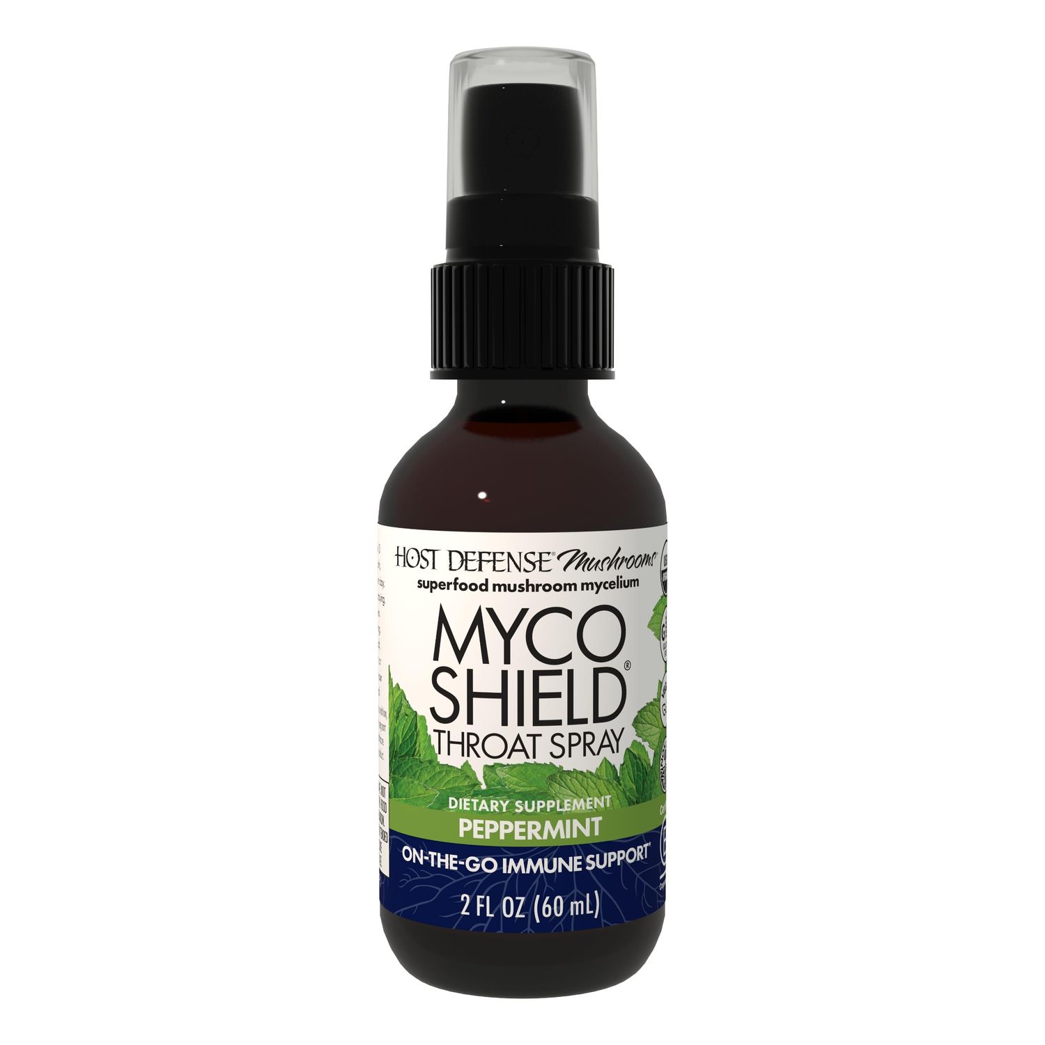 Host Defense MycoShield Throat Spray - Immune Health Support - Dietary Mushroom Supplement with Chaga, Reishi, Turkey Tail &amp; More - On-The-Go Immune Support - Peppermint, 2 fl oz 142 Servings