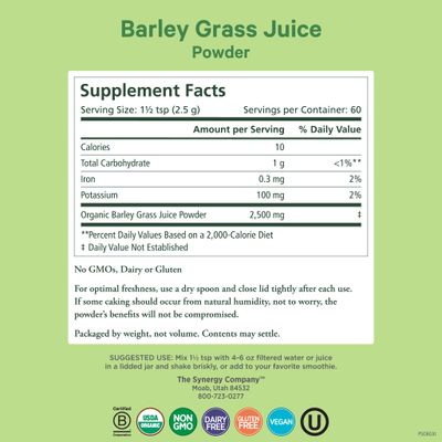 PURE SYNERGY Organic Barley Grass Juice Powder Chlorophyll-Rich Greens Powder Organic Cold-Pressed Barley Grass Juice for Energy, Detox, and Digestion Support 5.3 oz.