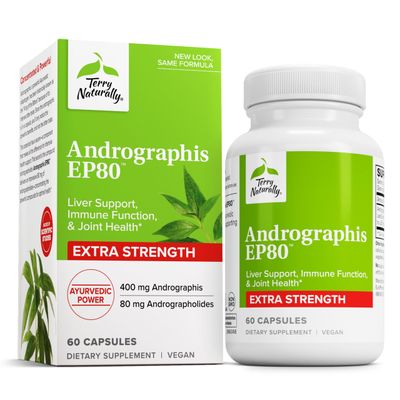 Terry Naturally Andrographis EP80 Extra Strength - Brain Health &amp; Immune Support - Joint Health Supplement to Aid Mobility - Vegan Adaptogen Supplement for Energy &amp; Liver Support - 60 Capsules