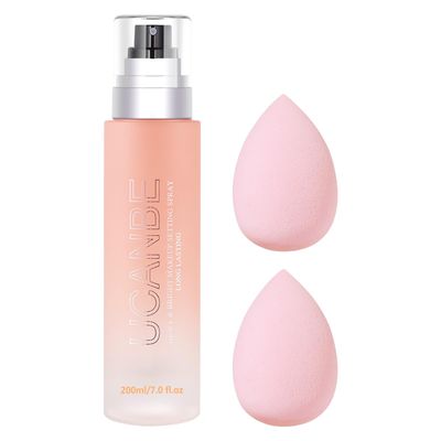 UCANBEMAKEUP Dewy Makeup Setting Spray Kit-7 Fl oz Hydrating Illuminating Finishing Spray Lightweight Face Mist All Day Long Make up Fixer 2PCS Sponge Puff, Hydrate Skin for a Bright Look