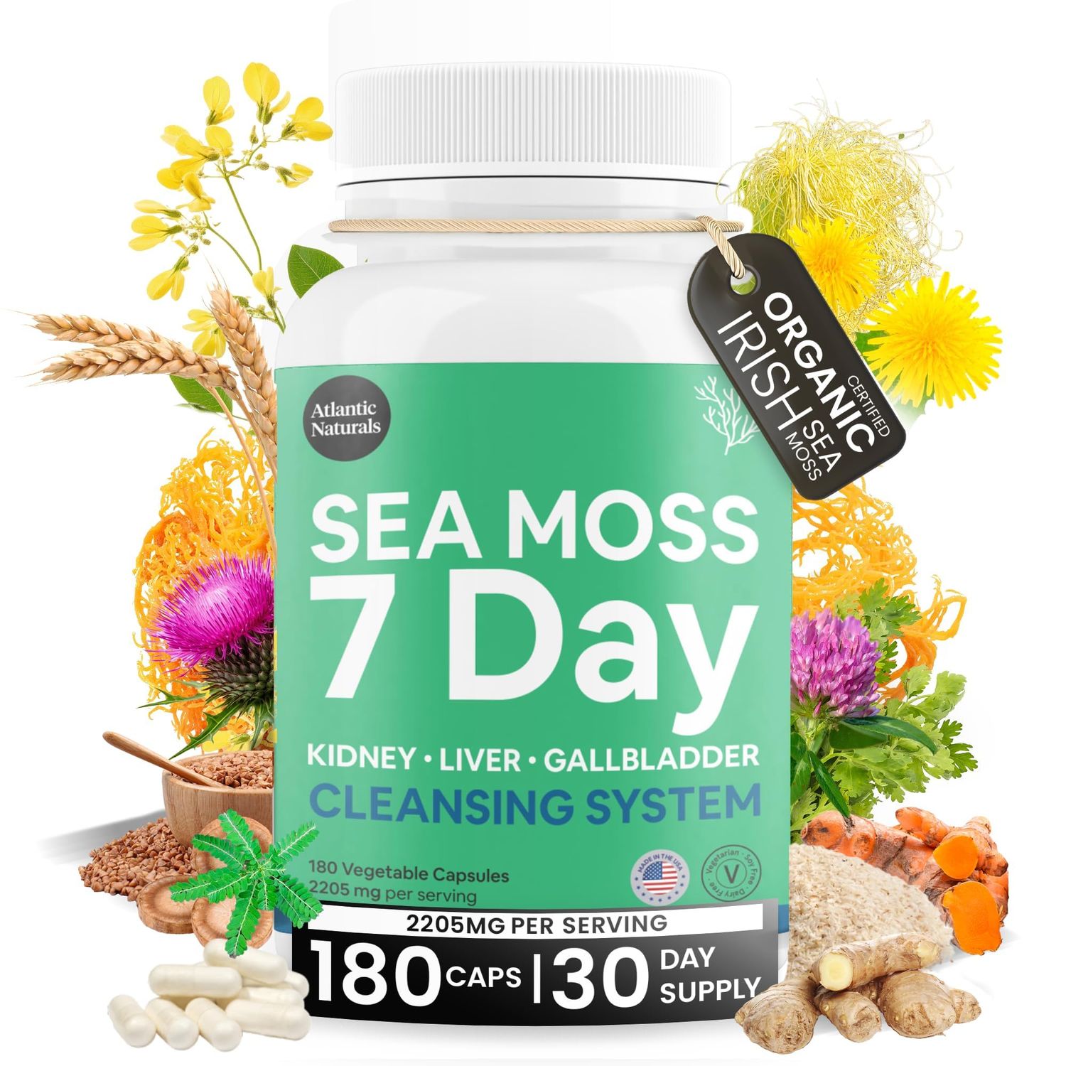Atlantic Naturals Sea Moss 7 Day Detox Liver, Gallbladder &amp; Kidney Cleanse Capsules- Support with Dandelion Root, Milk Thistle, Burdock Root, Red Clover, Chanca Piedra - 180 Sea Moss Capsules
