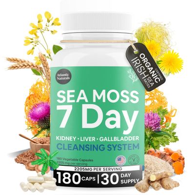 Atlantic Naturals Sea Moss 7 Day Detox Liver, Gallbladder &amp; Kidney Cleanse Capsules- Support with Dandelion Root, Milk Thistle, Burdock Root, Red Clover, Chanca Piedra - 180 Sea Moss Capsules