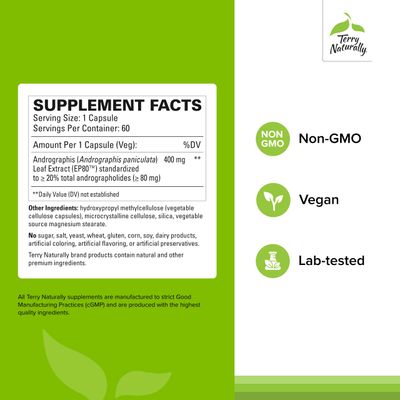 Terry Naturally Andrographis EP80 Extra Strength - Brain Health & Immune Support - Joint Health Supplement to Aid Mobility - Vegan Adaptogen Supplement for Energy & Liver Support - 60 Capsules