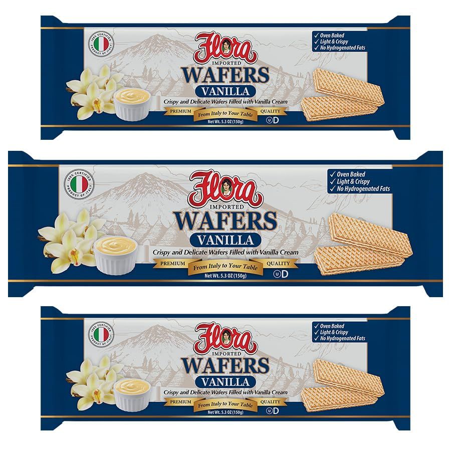 Flora Italian Wafers Vanilla - Crispy Italian Wafers Filled with Vanilla Cream - Oven-Baked - No Hydrogenated Fats - 5.3 oz 150g
