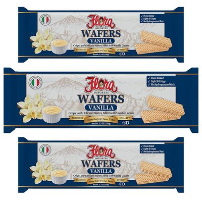 Flora Italian Wafers Vanilla - Crispy Italian Wafers Filled with Vanilla Cream - Oven-Baked - No Hydrogenated Fats - 5.3 oz 150g