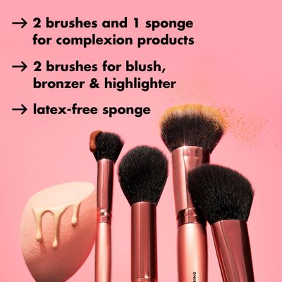 e.l.f. Complexion Essentials Brush &amp; Sponge Set, Concealer, Powder, Blush &amp; Highlighter Brushes &amp; Total Face Sponge, Vegan &amp; Cruelty-Free