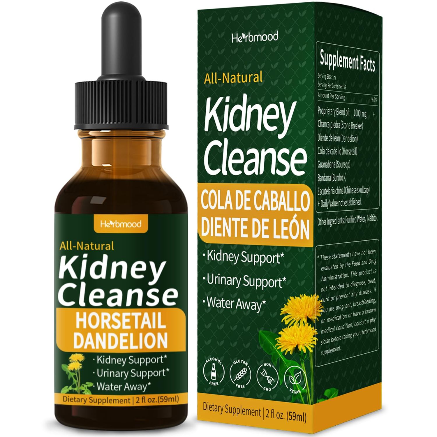 Herbmood Kidney Cleanse Drops, Gotas de Chanca Piedra para Los rinones con Cola de Caballo y Diente de Leon for Water Away &amp; Edema Relief. Nature Herbal Extract Liquid for Kidney Cleanse Detox &amp;. 2oz