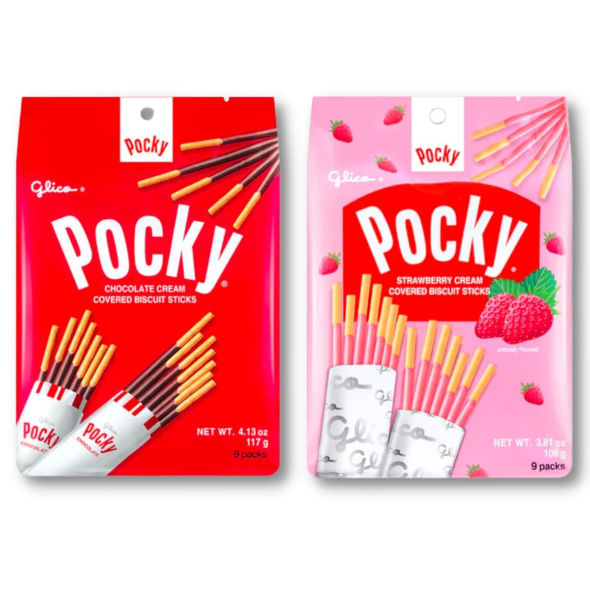 Pocky Sticks, Family Pack, 2 Packs Variety Pack of Chocolate and Strawberry Cream Covered Biscuit, 9 Count Per Pack, Japanese Snacks