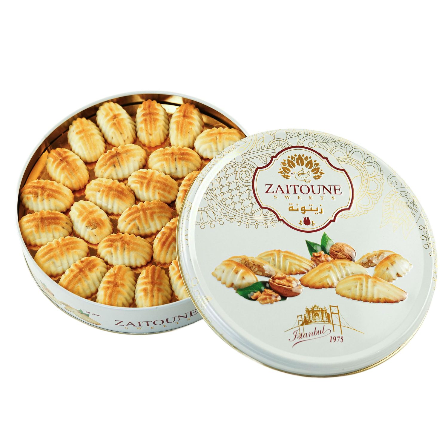 Zaitoune Walnut Maamoul - 21 oz Middle Eastern Buttery Nut-Filled Cookies Traditionally Handcrafted in Turkey Beautiful Reusable Gift Tin Perfect for Dessert Great Sharing Present