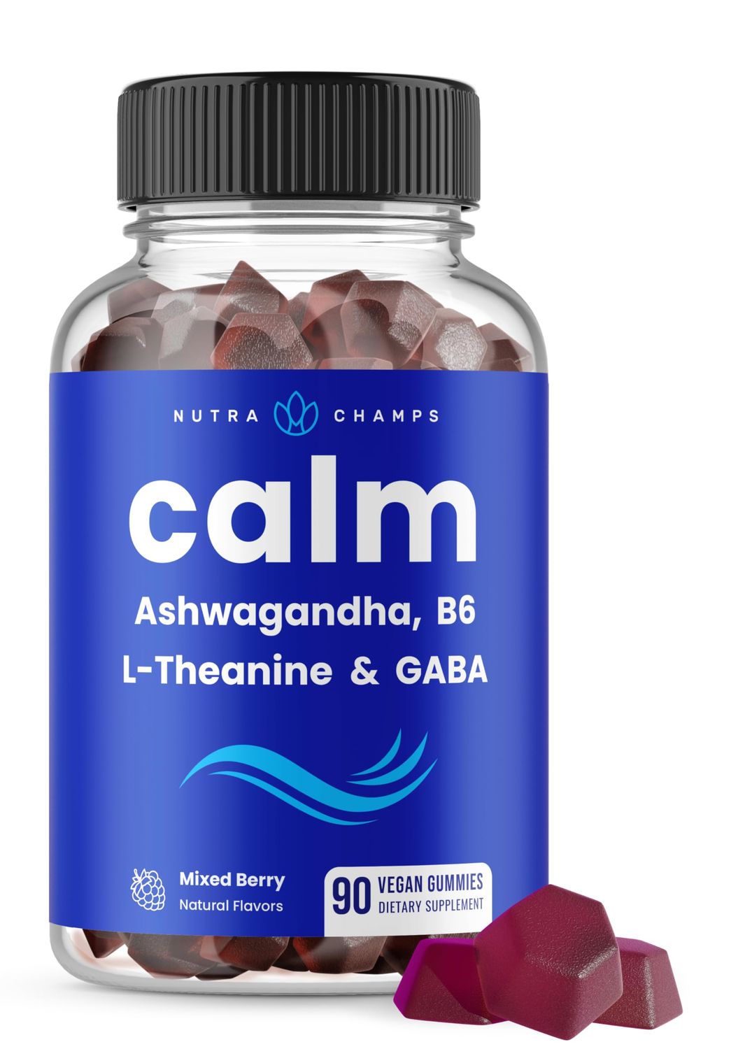 NutraChamps Calm Gummies, Stress Gummies Supplement with Ashwagandha, L-Theanine, GABA, Vitamin B6 &amp; Lemon Balm, Supports Mood, Focus &amp; Stress Relief, Natural Berry, 90 Gummies