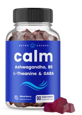 NutraChamps Calm Gummies, Stress Gummies Supplement with Ashwagandha, L-Theanine, GABA, Vitamin B6 &amp; Lemon Balm, Supports Mood, Focus &amp; Stress Relief, Natural Berry, 90 Gummies