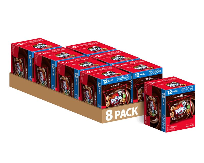 MEIJI Hello Panda Cookies, Chocolate Creme Filled - 8 Boxes of 12 Count, 0.75oz Bags - Bite Sized Cookies with Fun Panda Sports