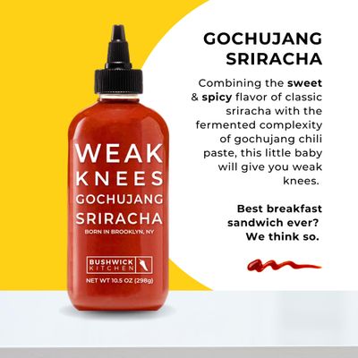 Weak Knees Gochujang Sriracha Hot Sauce, Sriracha Sauce 10.5oz Easy Squeeze Bottle, Korean Gochujang Paste Infused Sriracha Chili Sauce, Vegan Hot Sauce, Unique Gifts for Men, Food Gifts
