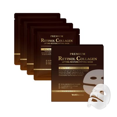 Wellderma Premium Retinol Collagen Lifting Restore Fitting Mask, Revitalizing Hydrogel Face Mask with Peptides and Niacinamide, 4 Sheets
