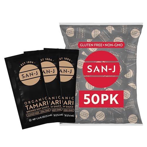San-J - Organic Gluten Free Tamari Soy Sauce - Made with 100 Whole Soy - Specially Brewed - 14 oz. Individual Portioned Packets - 50 Pack