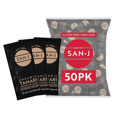 San-J - Organic Gluten Free Tamari Soy Sauce - Made with 100 Whole Soy - Specially Brewed - 14 oz. Individual Portioned Packets - 50 Pack