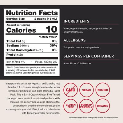 San-J - Organic Gluten Free Tamari Soy Sauce - Made with 100 Whole Soy - Specially Brewed - 14 oz. Individual Portioned Packets - 50 Pack