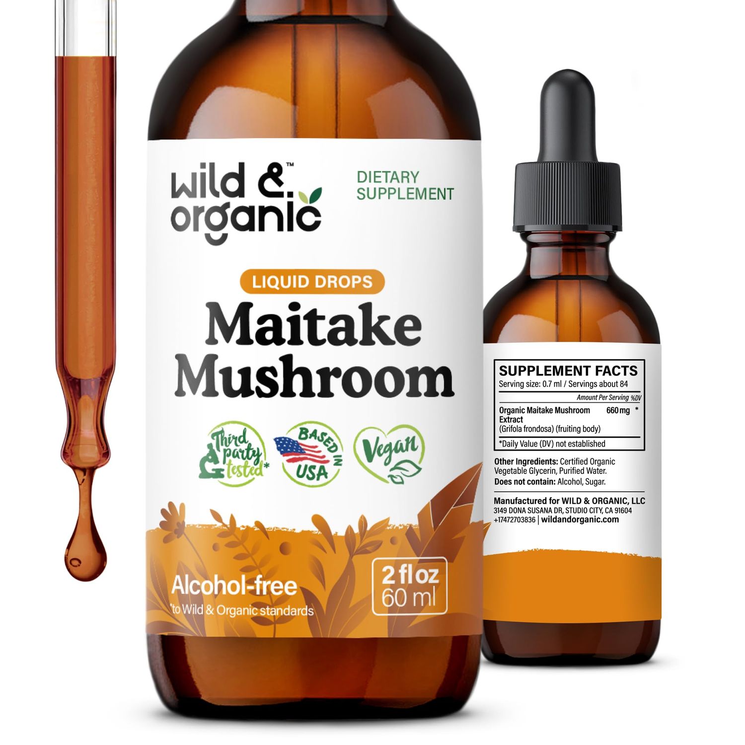 Wild &amp; Organic Maitake Mushroom Drops - Liquid Mushroom Supplement for Immune Support - Maitake Extract Tincture - Vegan, Sugar &amp; Alcohol-Free - 2 fl oz