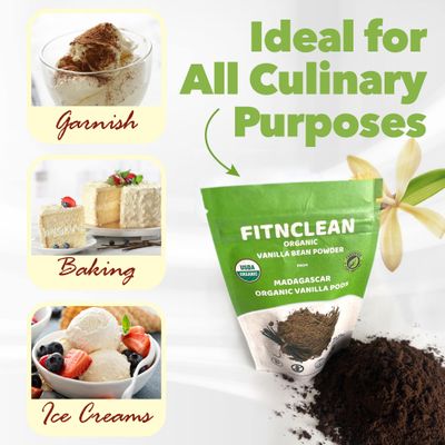 1oz Organic Madagascar Vanilla Bean Powder. Certified USDA Organic. Ground whole Gourmet Pods by FITNCLEAN VANILLA Raw Natural Pure Unsweetened No Additives NON-GMO