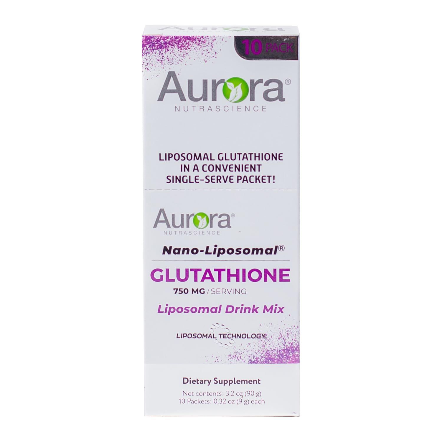 Aurora Nutrascience Nano-Liposomal Glutathione, Grape Powdered Drink Mix Immune &amp; Antioxidant Gut Health Support Supplement, 750 mg per Serving, Non-GMO, Sugar-Free, 10 Single Serve Packets