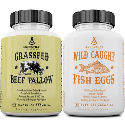 Ancestral Supplements Grass-Fed Beef Tallow 3000mg &amp; Wild Caught Omega 3 Fish Oil 2400mg Capsules, Nourishing Kidney Fat &amp; Fish Eggs Supplements, Vitamins DK2, Non-GMO, 180 Capsules Bundle 2 Pack