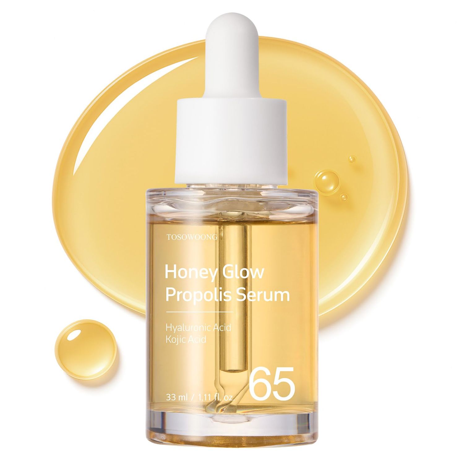 TOSOWOONG Honey Glow 65 Propolis Serum, Hyaluronic Acid, Kojic Acid, Niacinamide, Hydrating Facial Soothing Moisturizer for Irritated Uneven Skin Tone, Glass Skin, Korean Skin Care, 33ml, 1.11 fl.oz.