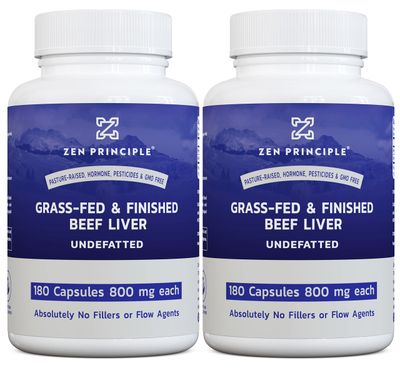Zen Principle Beef Liver Supplement Grass-Fed, Pasture-Raised Cows. Desiccated Liver Supplement, No Hormones or GMO. Natural Energy from Iron, Protein, Vitamins. 2-Pack, 360 Capsules.