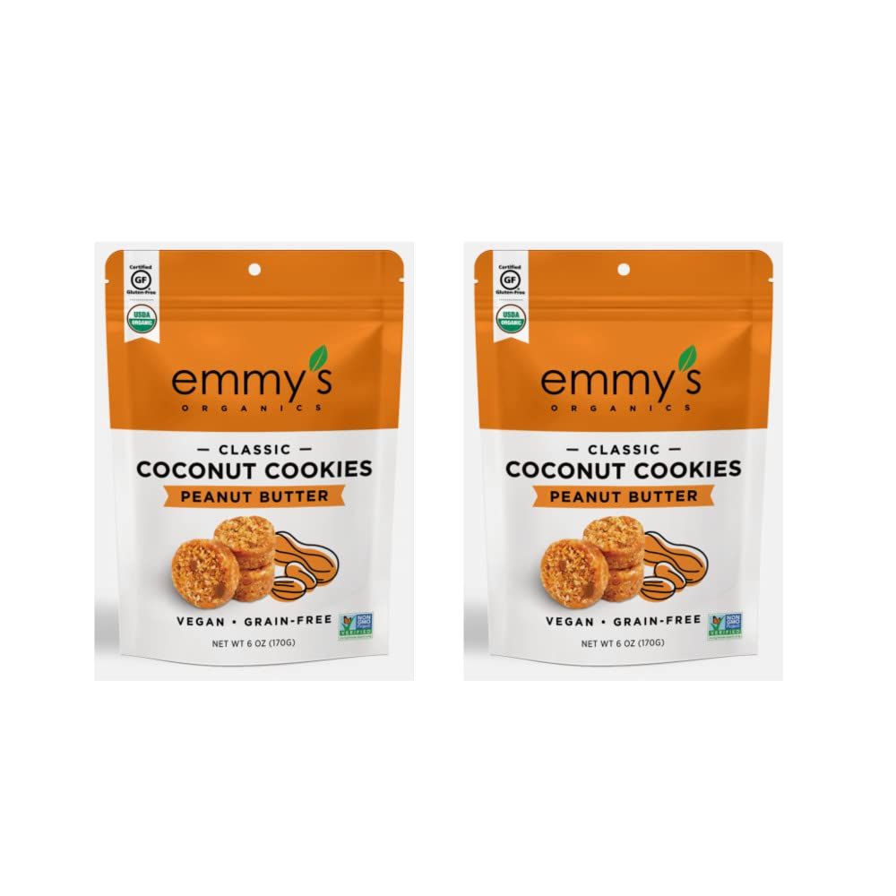 Emmy&#39;s Organics, Coconut Cookies - Peanut Butter, 6 oz Pack of 2 Gluten-Free Organic Cookies, Vegan, Paleo-Friendly