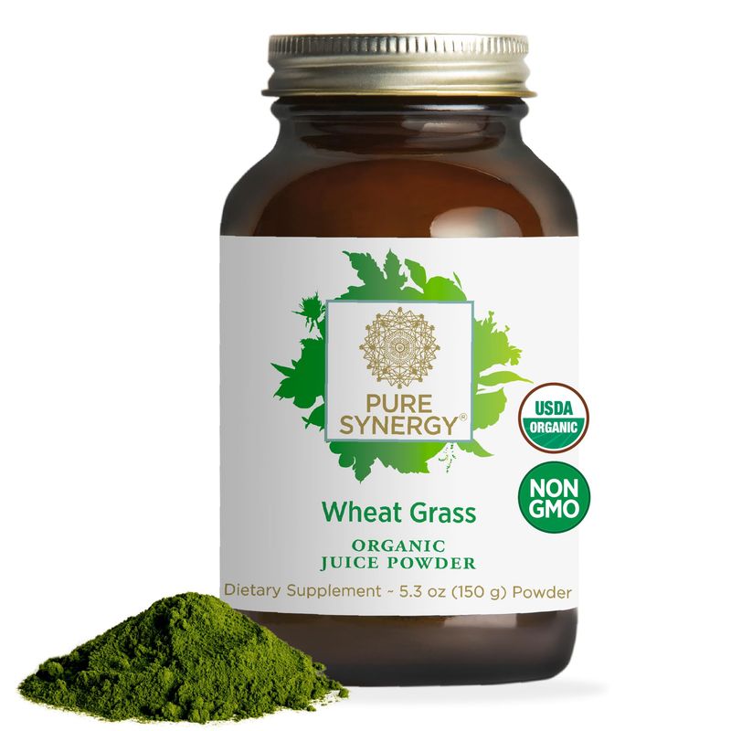 PURE SYNERGY Organic Wheat Grass Juice Powder Chlorophyll-Rich Green Juice Powder Raw Organic USA Wheat Grass for Energy, Alkaline Balance, and Digestion Support 5.3 oz.