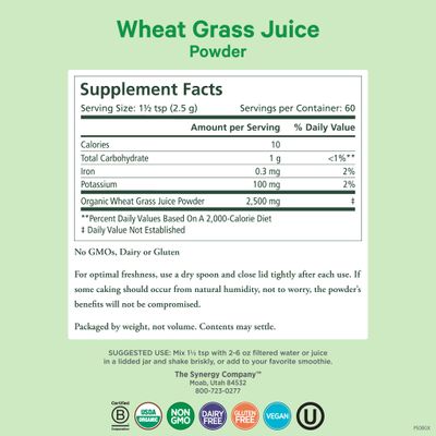 PURE SYNERGY Organic Wheat Grass Juice Powder Chlorophyll-Rich Green Juice Powder Raw Organic USA Wheat Grass for Energy, Alkaline Balance, and Digestion Support 5.3 oz.