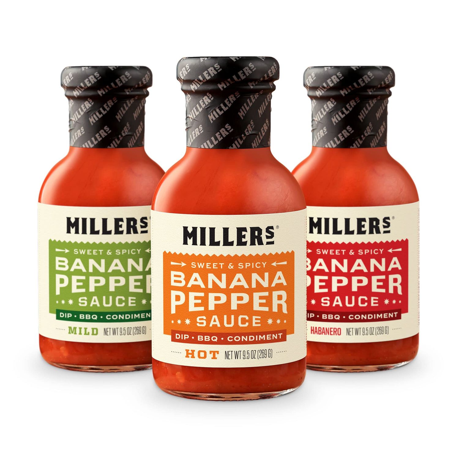 Miller&#39;s Banana Pepper Sauce Variety Pack - Includes Hot, Mild, Habanero Hot Sauce Set - Best Use for Chicken Wing, Burger, Sandwich, Mexican Dish Non-GMO Project Verified, 9.5 Ounce Pack of 3