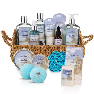 Bath Spa Gift Sets - Luxury Basket With Ocean &amp; Coconut - Spa Kit Includes Wash, Bubble Bath, Lotion, Bath Salts, Body Scrub, Shower Puff, Bathbombs, Soap and Towel