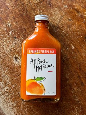 Springs Fireplace Aji Peach hot sauce - Small batch, Farmer grown, Aleppo peppers, Aji Limon peppers, Hot heat, hot sauce, Slow burn, Marinade, All natural, Low sugar, Gluten free, 200ml, 6.7oz