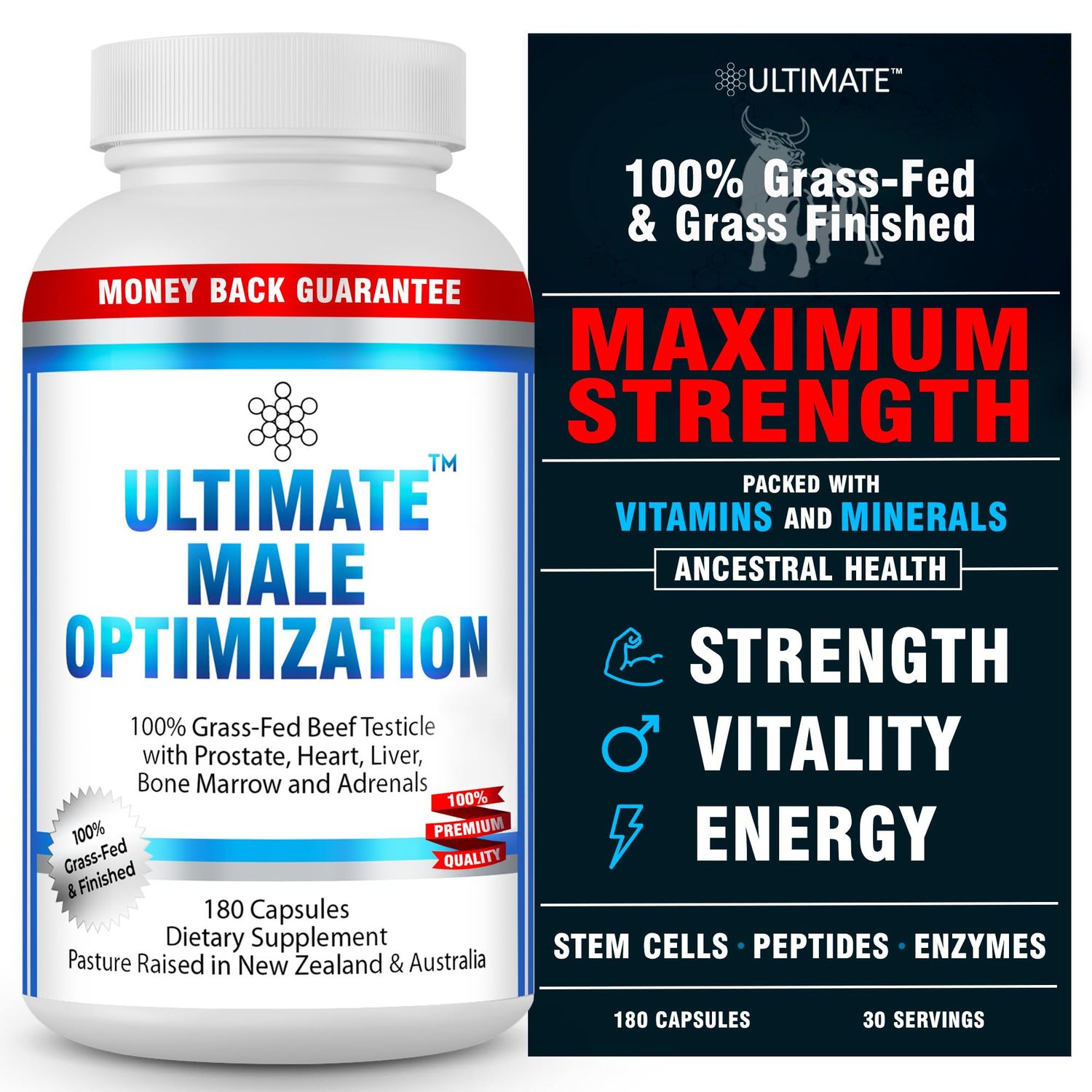 Ultimate Male Optimization 100 Grass Fed Beef Organ Supplement - Supports Test, Energy &amp; Overall Men&#39;s Health &amp; Wellness - Non-GMO Grass Fed Beef Organ Supplement with Liver, No Fillers 180 Capsules