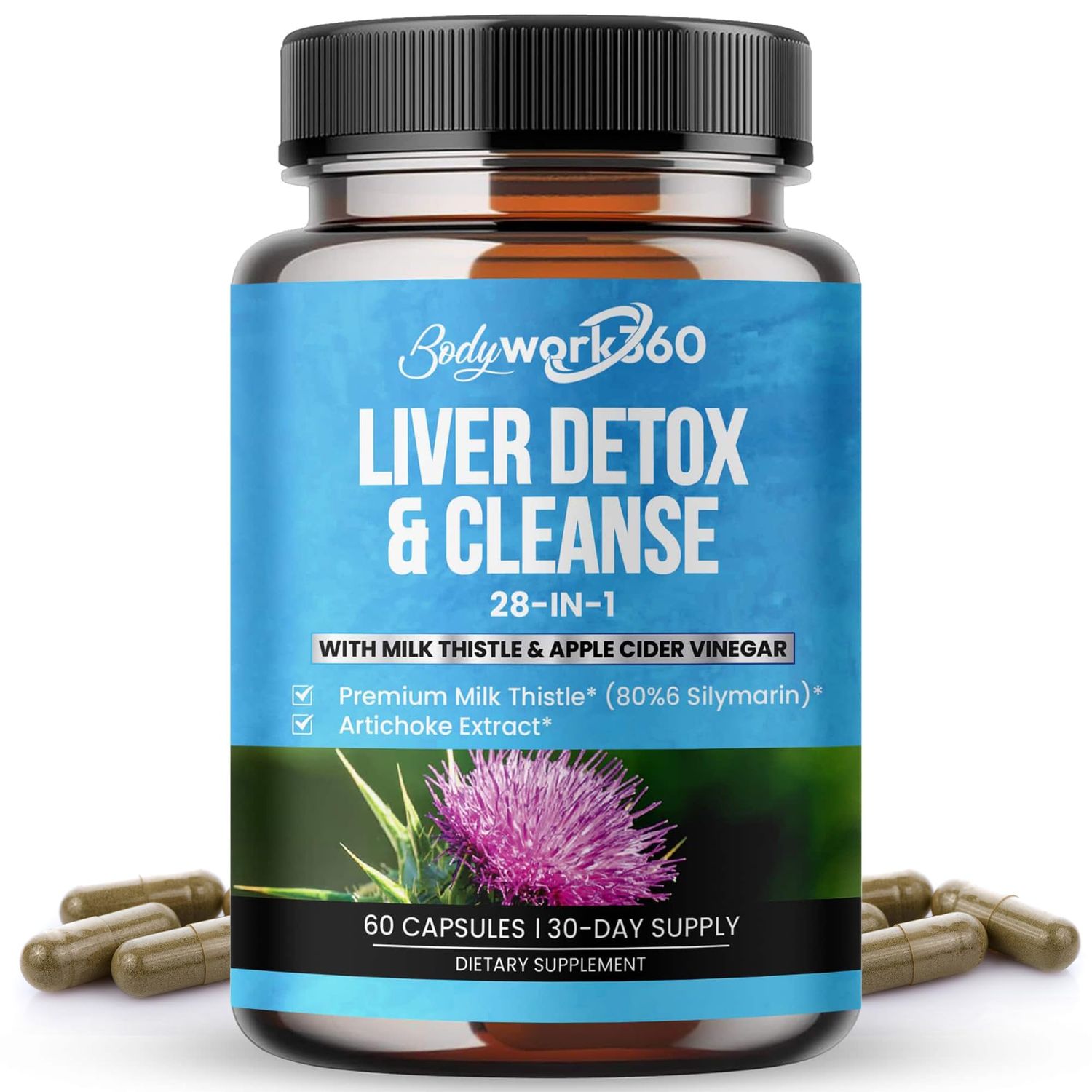 BODYWORK360 Liver Detox &amp; Cleanse - 28-in-1 Liver Repair &amp; Support Supplement for Men &amp; Women with Milk Thistle, Apple Cider Vinegar, Dandelion Root Extract &amp; Artichoke Extract - Non-GMO, 60 Capsules