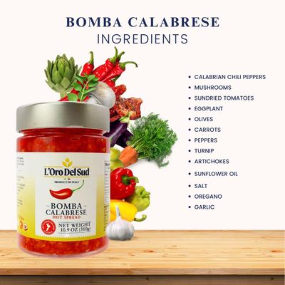 L'Oro Del Sud Calabrian Bomba Hot Pepper SauceSpread 10.9 oz 310g, Certified Authentic, Bomba Calabrese, Spicy Mixed Vegetable Spread, Product of Italy
