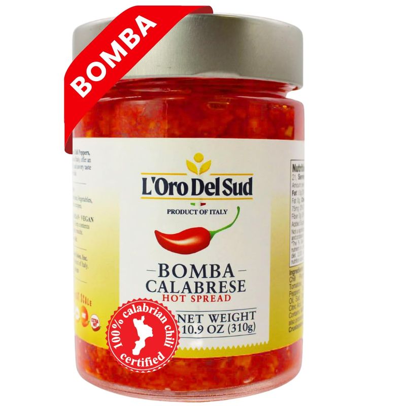 L&#39;Oro Del Sud Calabrian Bomba Hot Pepper SauceSpread 10.9 oz 310g, Certified Authentic, Bomba Calabrese, Spicy Mixed Vegetable Spread, Product of Italy