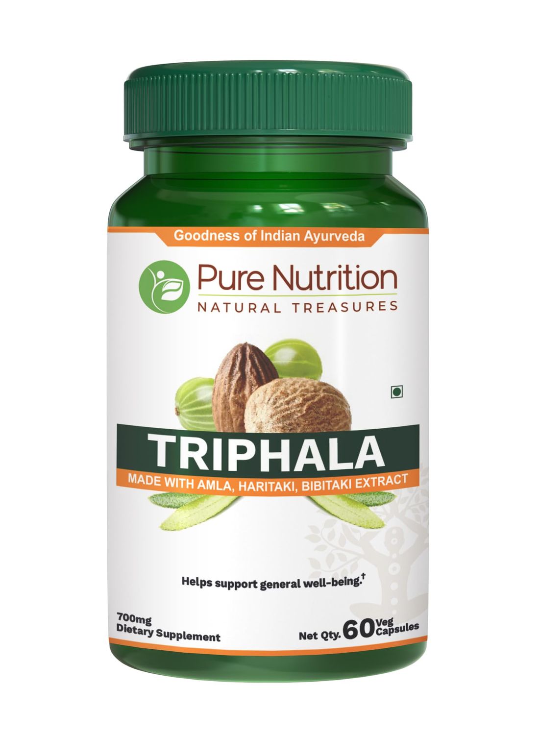 Pure Nutrition Triphala Extract 700mg - 60 Caps Extract Equiv. to 1900mg Triphala Fruit Powder Non GMO Once Daily 60 Days Supply.