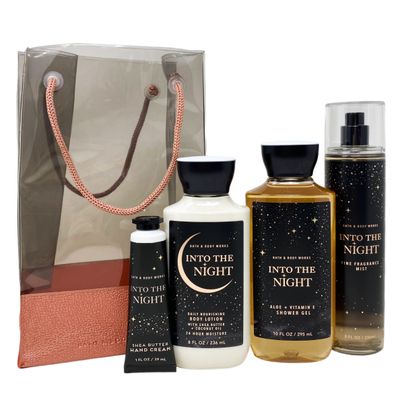 Bath and Body Works INTO THE NIGHT Gift Bag Set - Body lotion - Shower Gel and Fine Fragrance Mist Plus a Shea Butter Hand Cream arranged inside a transparent gift bag