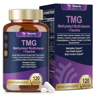 Totaria 24-in-1 Methylated Multivitamin TMG Taurine Supplements Trimethylglycine, Powerful Betaine Anhydrous, wB Complex, B12, B9, NAC, for Heart, Liver, Brain, 120 Capsules, 60 Day Supply